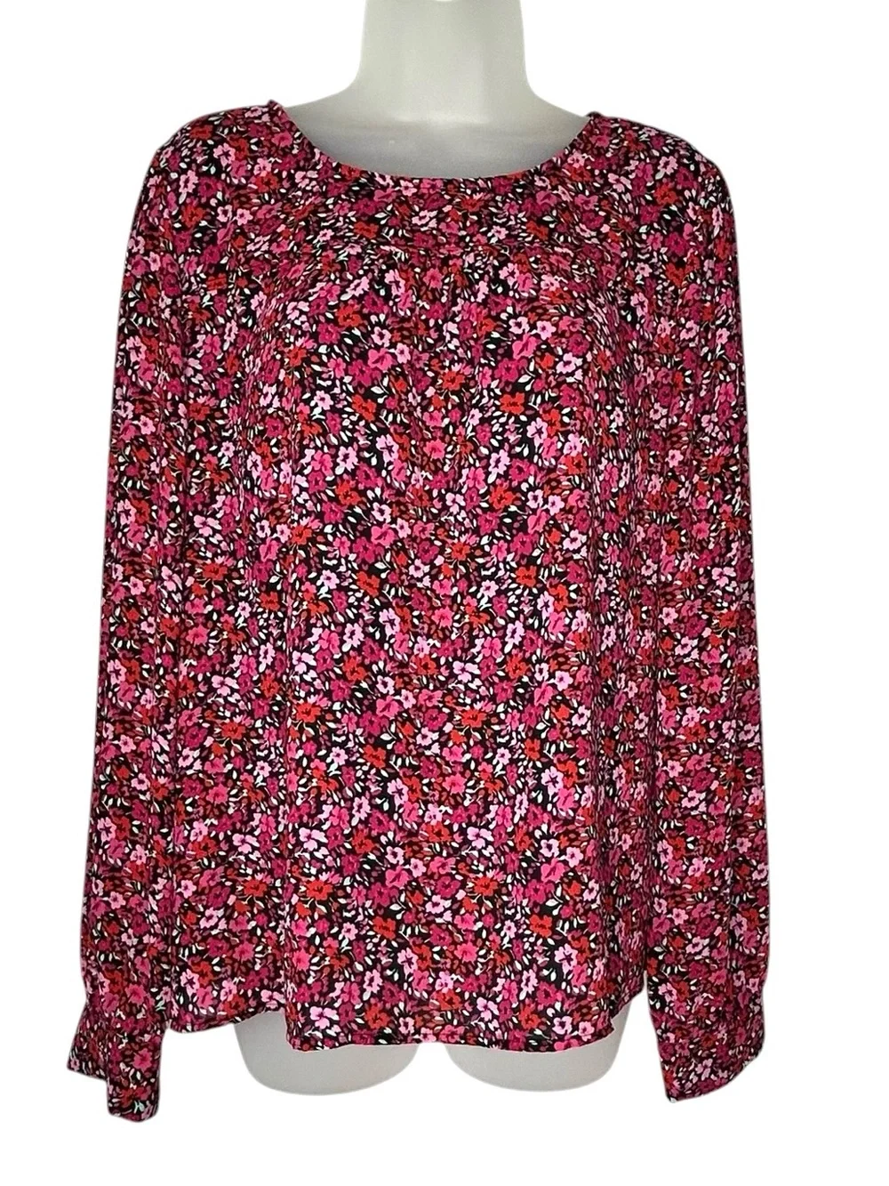 J CREW Factory Women L Pink Red Floral Flowers on Black Long Sleeve Blouse Top.